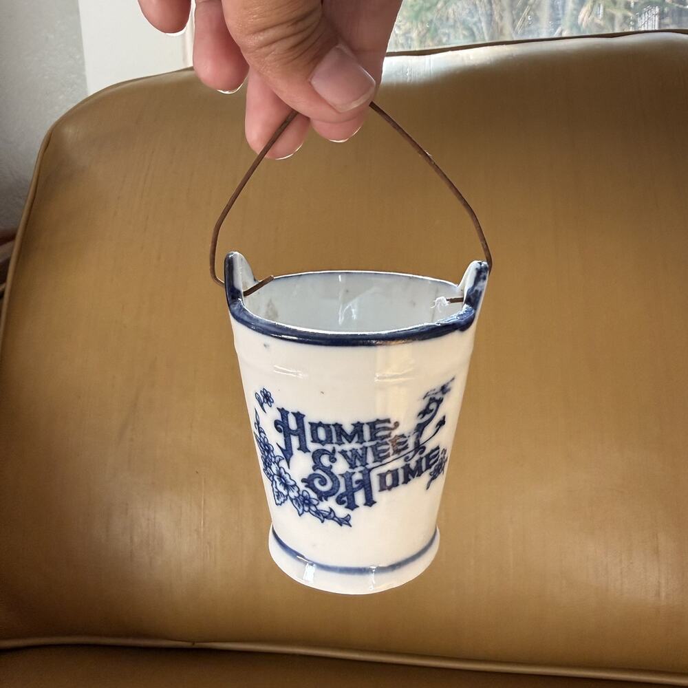 Vintage Home Sweet Home delft blue and white ceramic mini pitcher with handle.